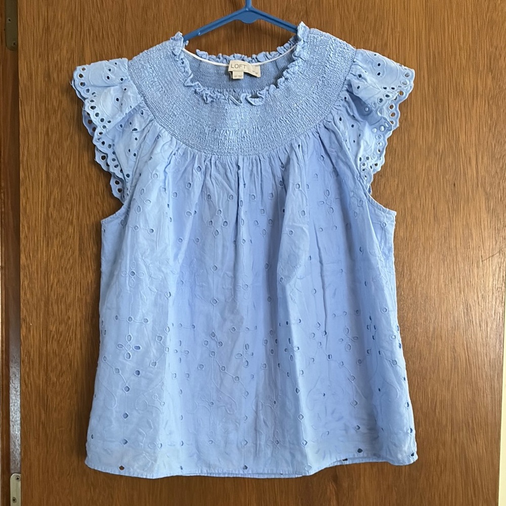 LOFT Blue Flutter Sleeve Smocked Blouse